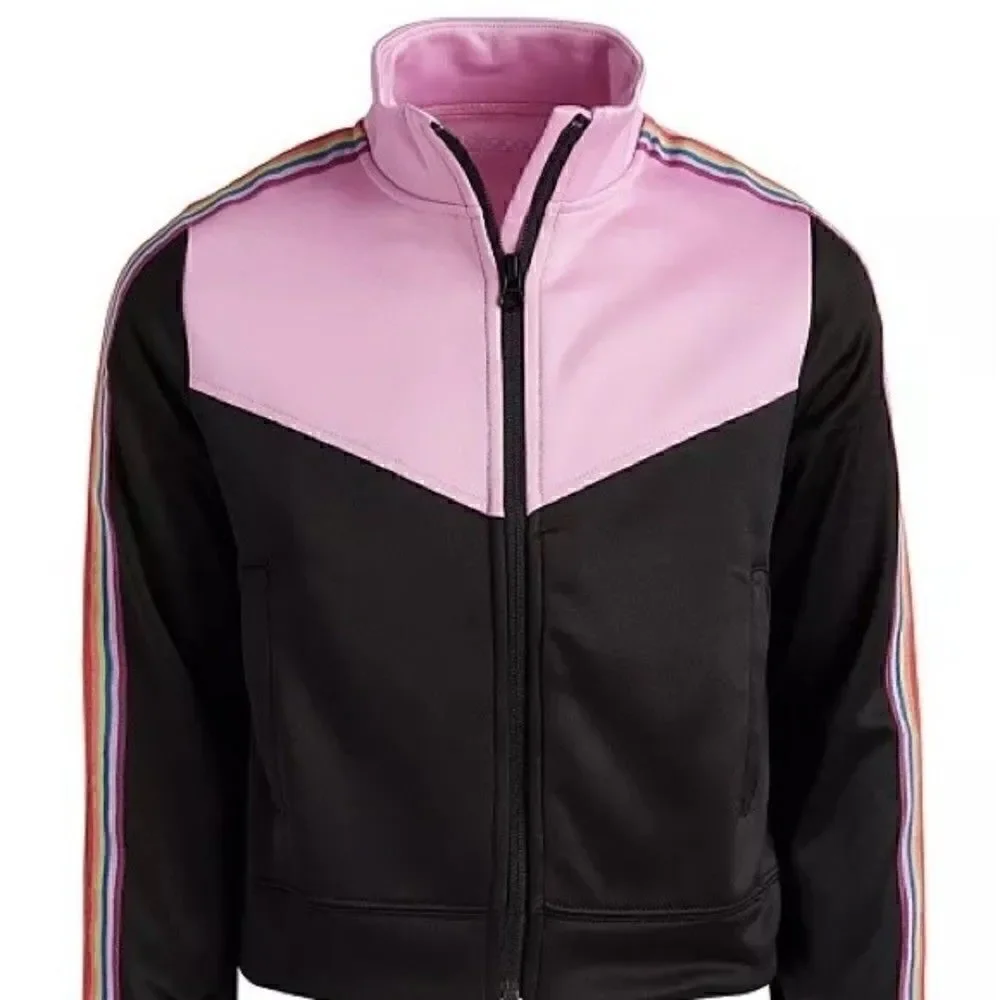 New Ideology Big Girls Rainbow Striped Track Jacket Pink/Black sweater size 14
